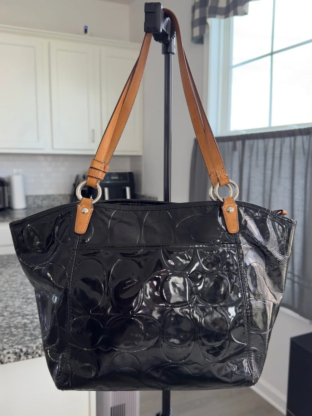 Coach Black Patent Tote with Tan Leather Handles
